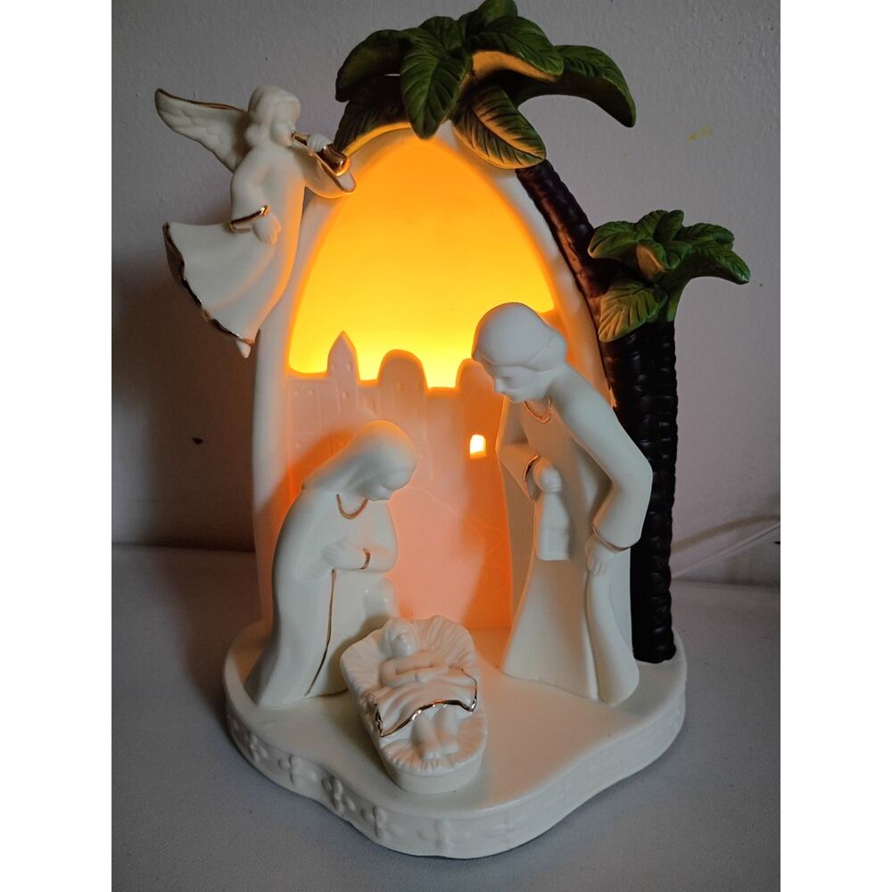 Vintage Holy Family Ceramic Light Home Decor Christmas 9" Ivory Gold Trim